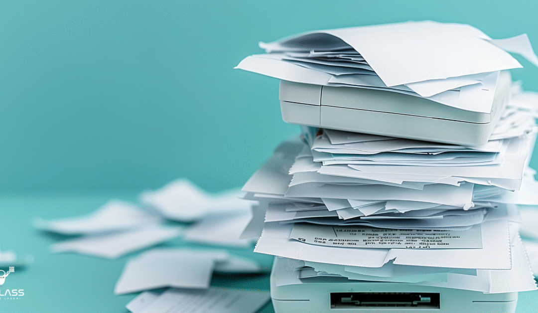 Pile de documents à imprimer avant automatisation par IA générative et cartouche d'encre