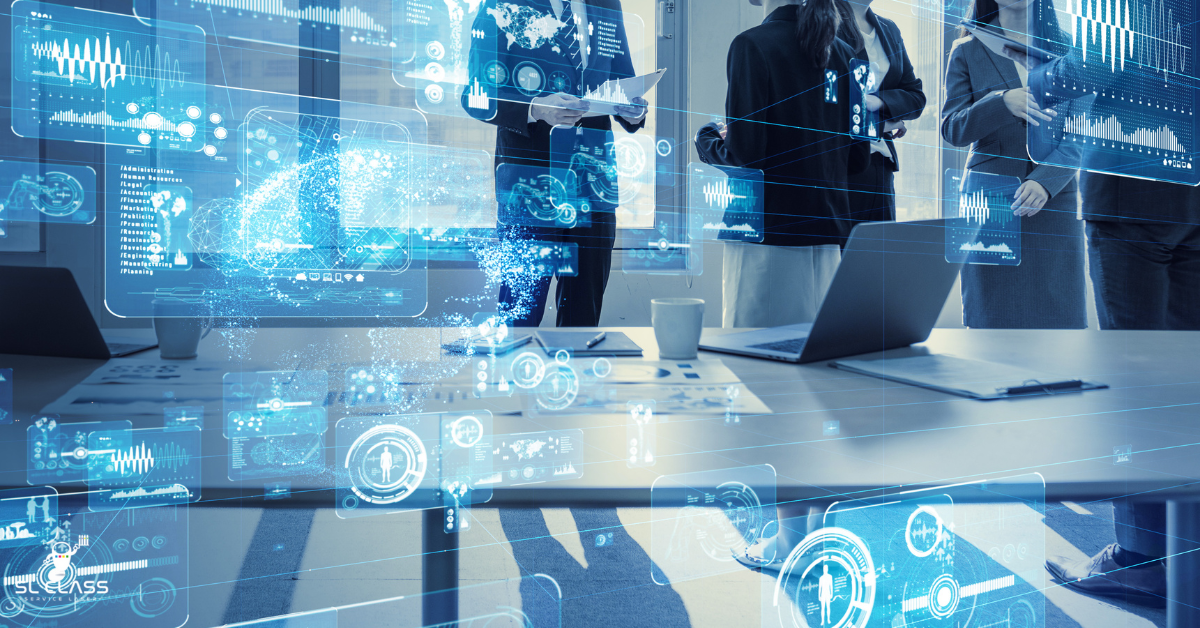 Bureau Smart Office connecté avec données numériques et collaborateurs au travail